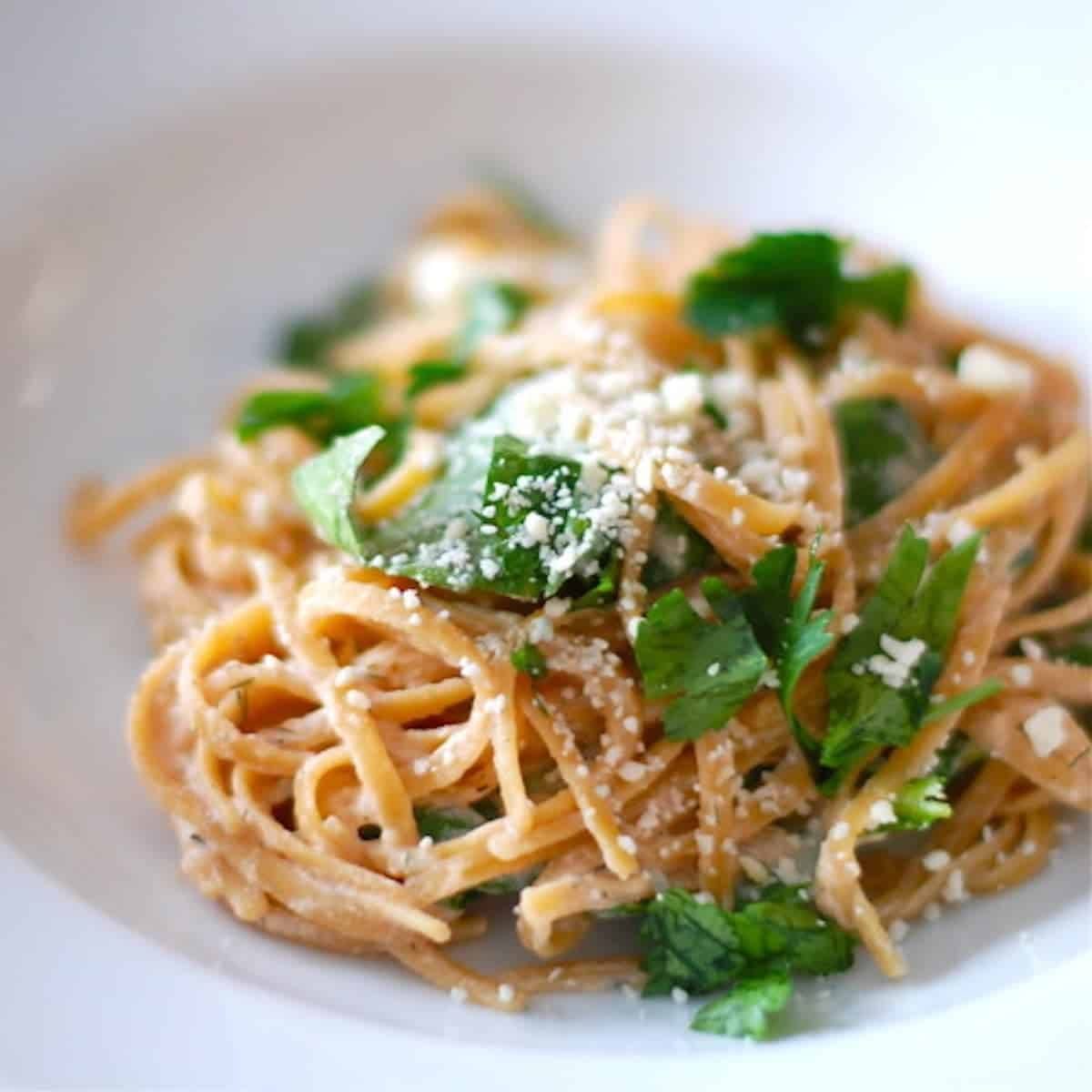 Linguine with sun dried tomato dill seasoning with cheese on top.